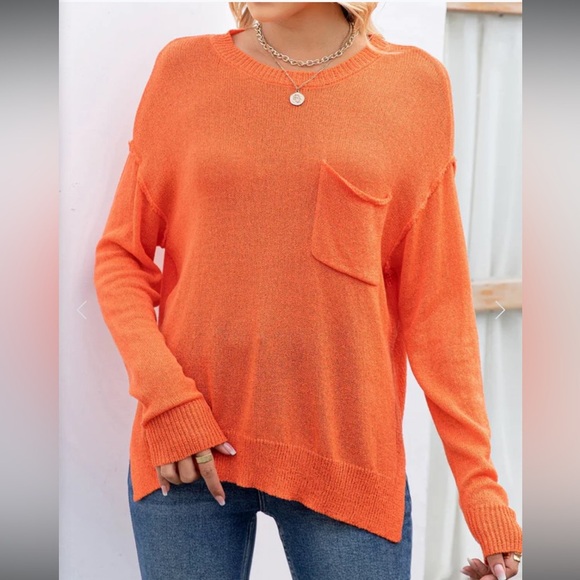 Vibrant Coral Orange Knit Crewneck Sweater w/ Drop Shoulder Chest Pocket… - Picture 11 of 14
